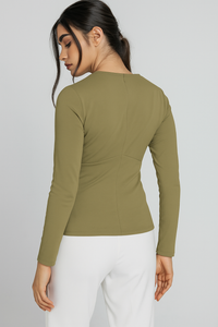 Olive Long Sleeve Faux Wrap Top in Stretch Jersey Sustainable Fabric