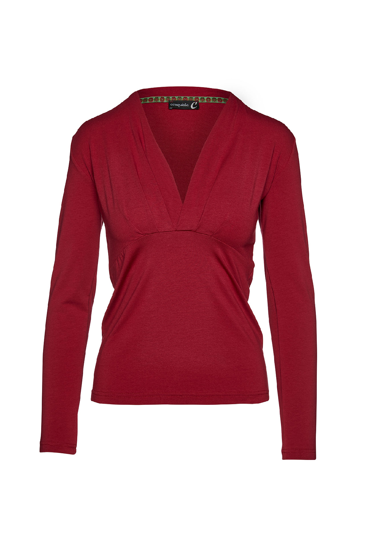 Long Sleeve Wine Faux Wrap Top in Stretch Jersey Sustainable Fabric