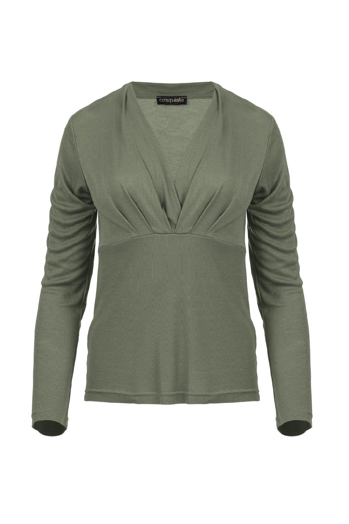 Dusty Green Long Sleeve, Faux Wrap Top In Stretch Jersey Sustainable Fabric