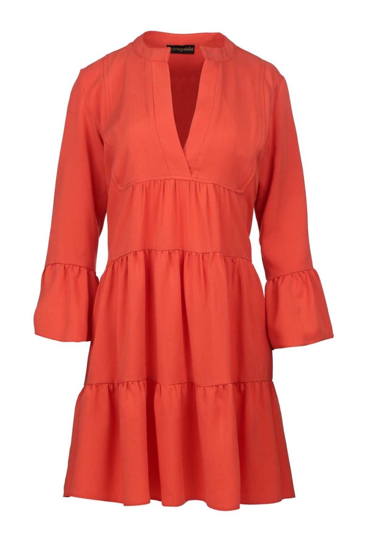 Conquista Φόρεμα Mini Casual Μακρυμάνικο V-Λαιμόκοψη Με Βολάν Μονόχρωμο Tencel Πορτοκαλί C210-240-05