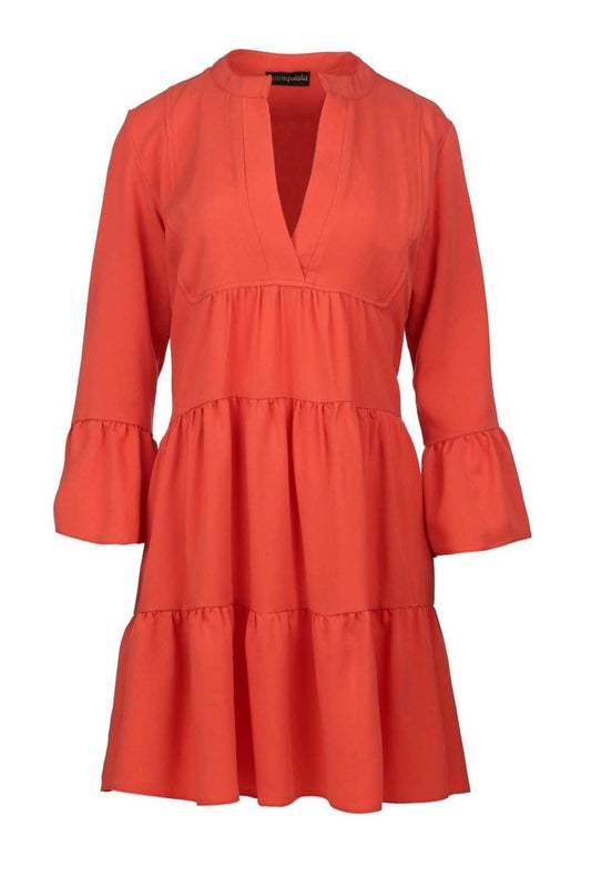 Conquista Φόρεμα Mini Casual Μακρυμάνικο V-Λαιμόκοψη Με Βολάν Μονόχρωμο Tencel Πορτοκαλί C210-240-05