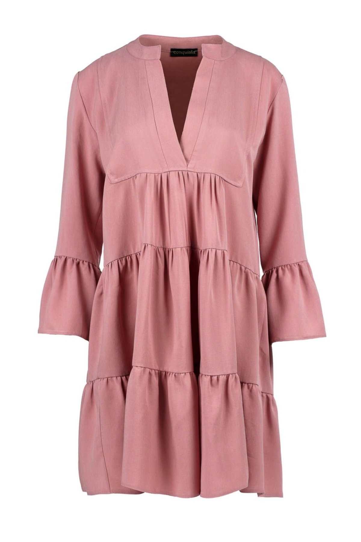 Conquista Φόρεμα Mini Casual Μακρυμάνικο V-Λαιμόκοψη Με Βολάν Μονόχρωμο Tencel Ροζ C210-240-74