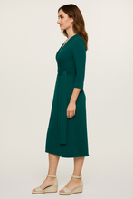 Load image into Gallery viewer, Dark Green 3/4 Sleeve V-Neck Wrap Dress – Soft Viscose Jersey
