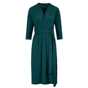 Dark Green 3/4 Sleeve V-Neck Wrap Dress – Soft Viscose Jersey