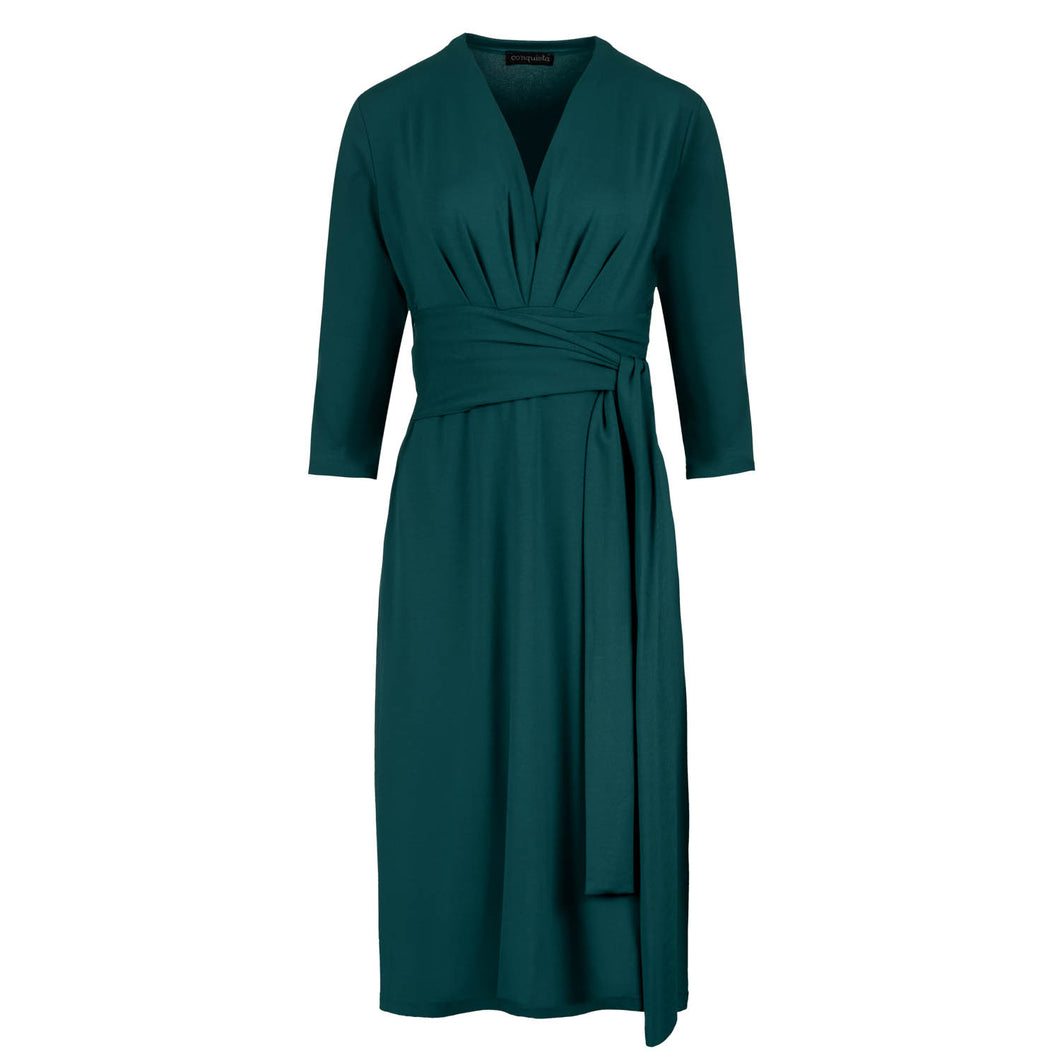 Dark Green 3/4 Sleeve V-Neck Wrap Dress – Soft Viscose Jersey