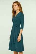 Load image into Gallery viewer, Petrol 3/4 Sleeve V-Neck Wrap Dress – Soft Viscose Jersey