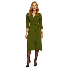 Load image into Gallery viewer, Khaki 3/4 Sleeve V-Neck Wrap Dress – Soft Viscose Jersey