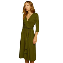 Load image into Gallery viewer, Khaki 3/4 Sleeve V-Neck Wrap Dress – Soft Viscose Jersey