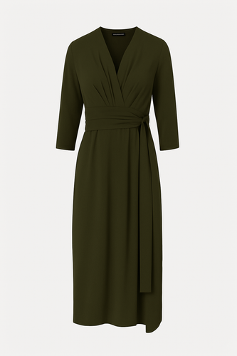 Khaki 3/4 Sleeve V-Neck Wrap Dress – Soft Viscose Jersey