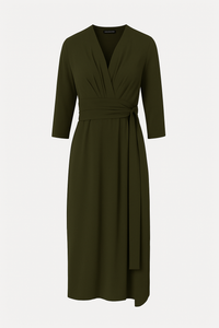 Khaki 3/4 Sleeve V-Neck Wrap Dress – Soft Viscose Jersey