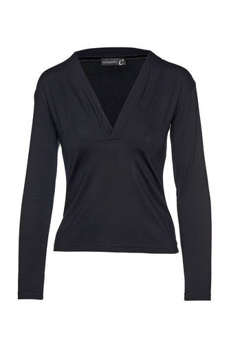 Elegant Black V-Neck Long Sleeve Top – Heavy Jersey Stretch Blouse
