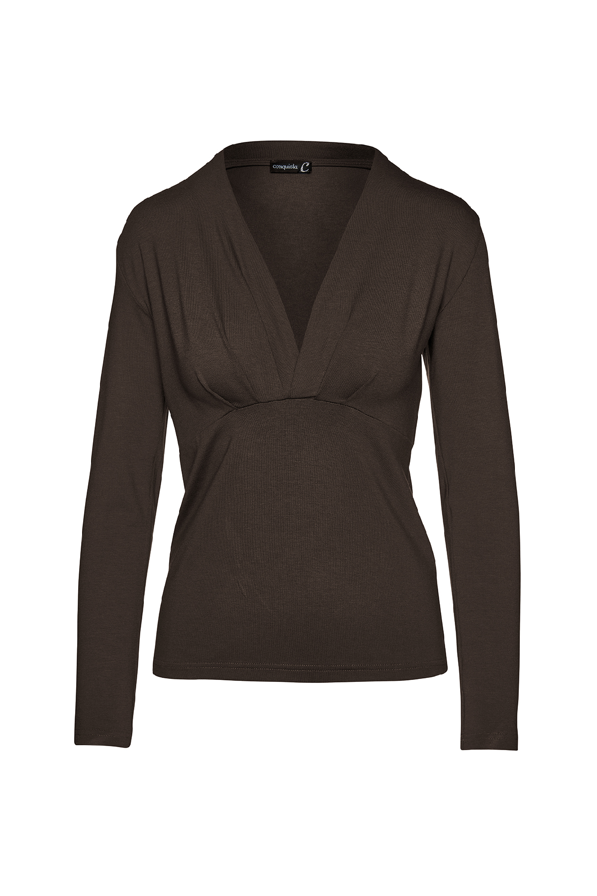 Dark Brown Long Sleeve Faux Wrap Top In Stretch Jersey Sustainable Fabric