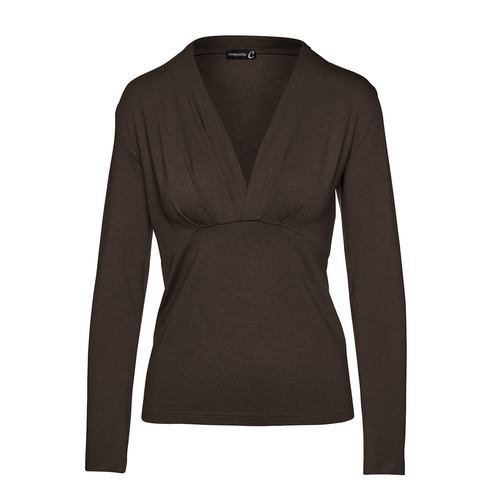 Deep V-Neck Long Sleeve Jersey Top in Chocolate Brown