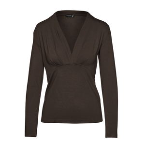 Deep V-Neck Long Sleeve Jersey Top in Chocolate Brown