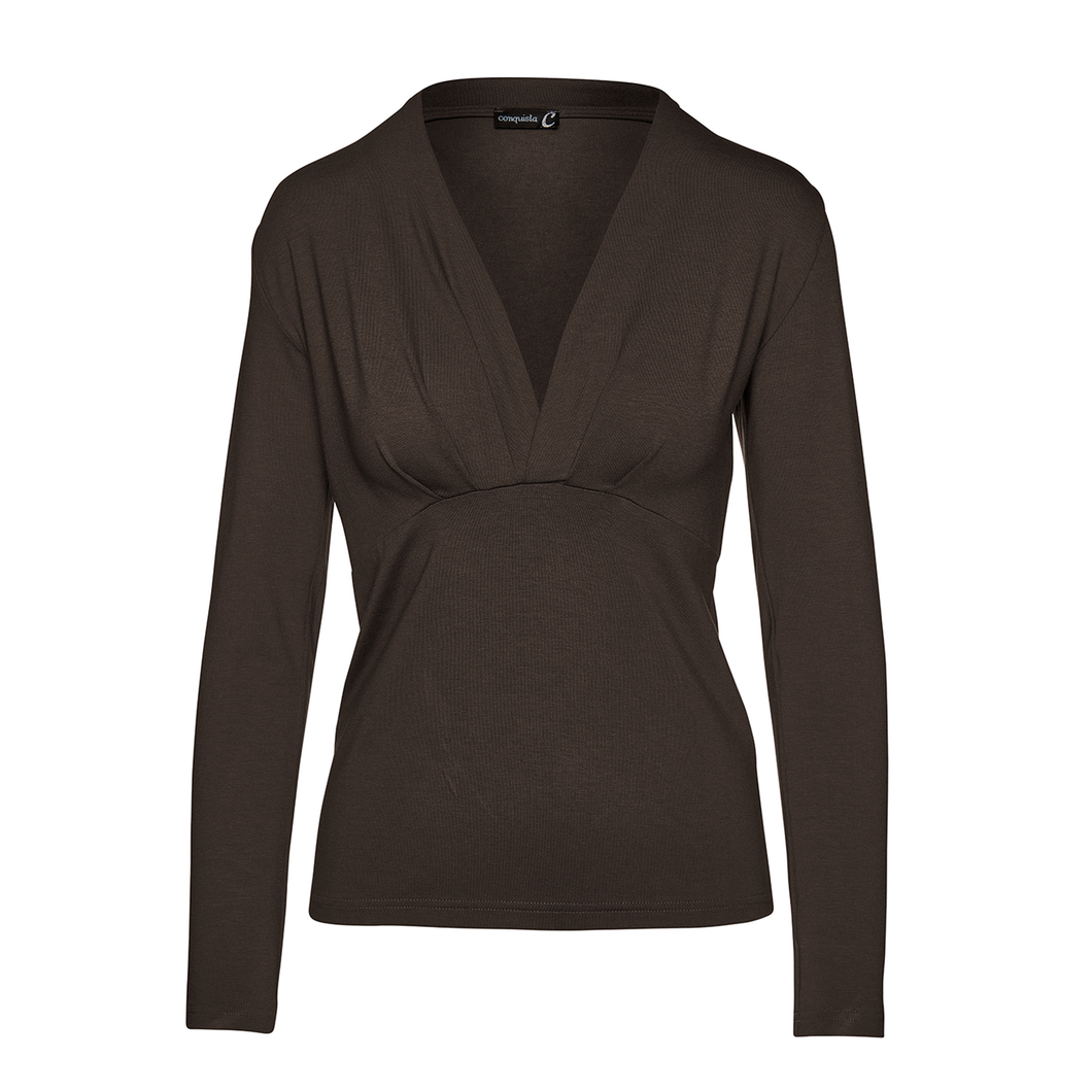 Deep V-Neck Long Sleeve Jersey Top in Chocolate Brown