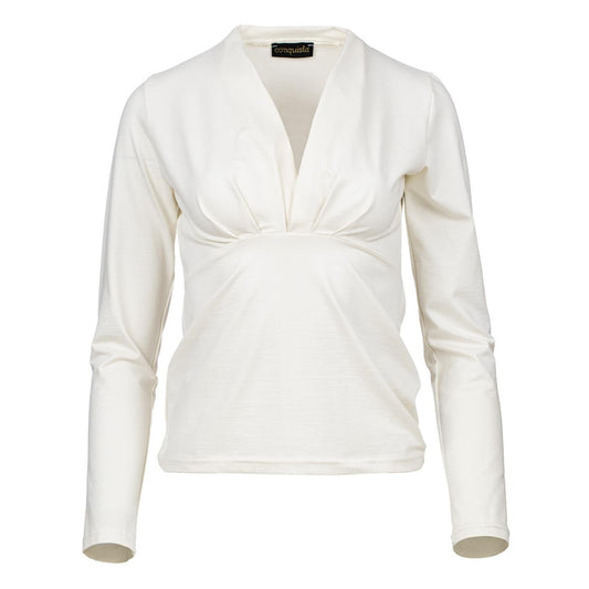 Off-White Jersey Top with V-Neck Detail – Viscose Blend, Long Sleeve