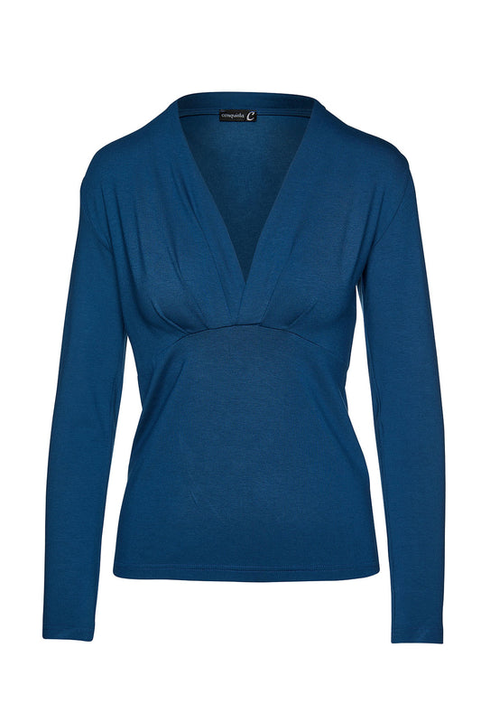 Petrol Long Sleeve Faux Wrap Top in Stretch Jersey Sustainable Fabric