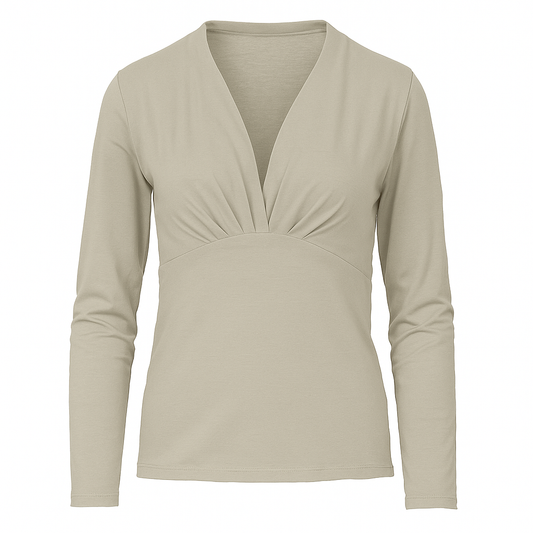 Sand Long Sleeve Faux Wrap Top in Stretch Jersey Sustainable Fabric