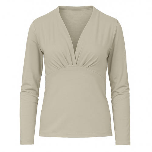 Sand Long Sleeve Faux Wrap Top in Stretch Jersey Sustainable Fabric