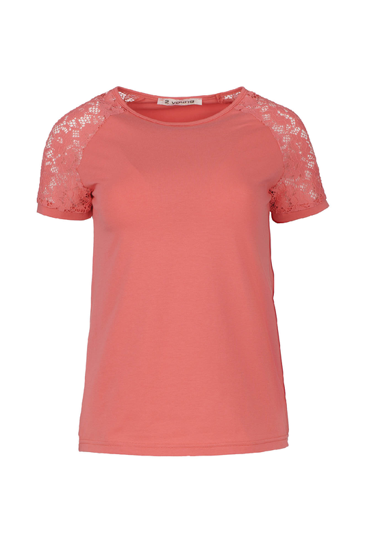 Coral Top with Short Lace Sleeves