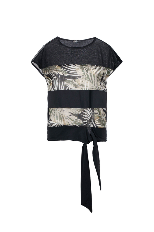 Black Leaf Print Top with Ties