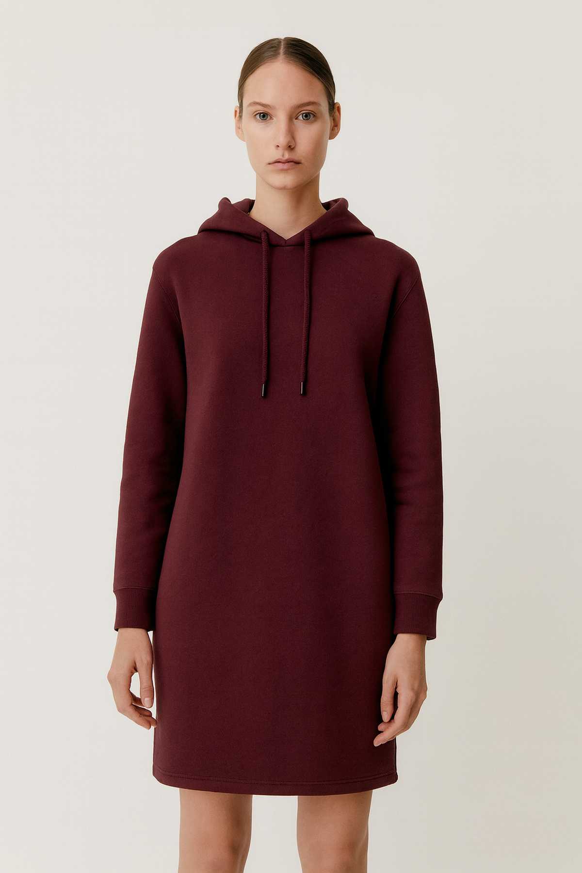 Dark Burgundy Cotton-Blend Hoodie Dress