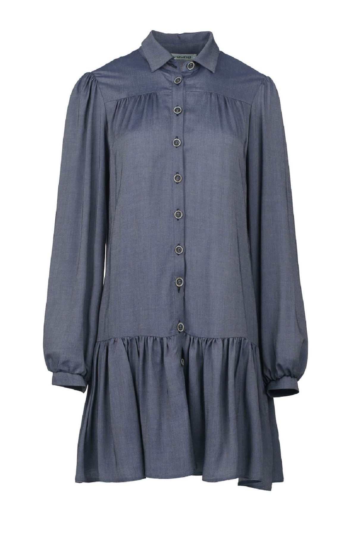 Conquista Φόρεμα Mini Casual Μακρυμάνικο Με Κουμπιά Με Βολάν Με Γιακά Μονόχρωμο Μπλε C211-132-18
