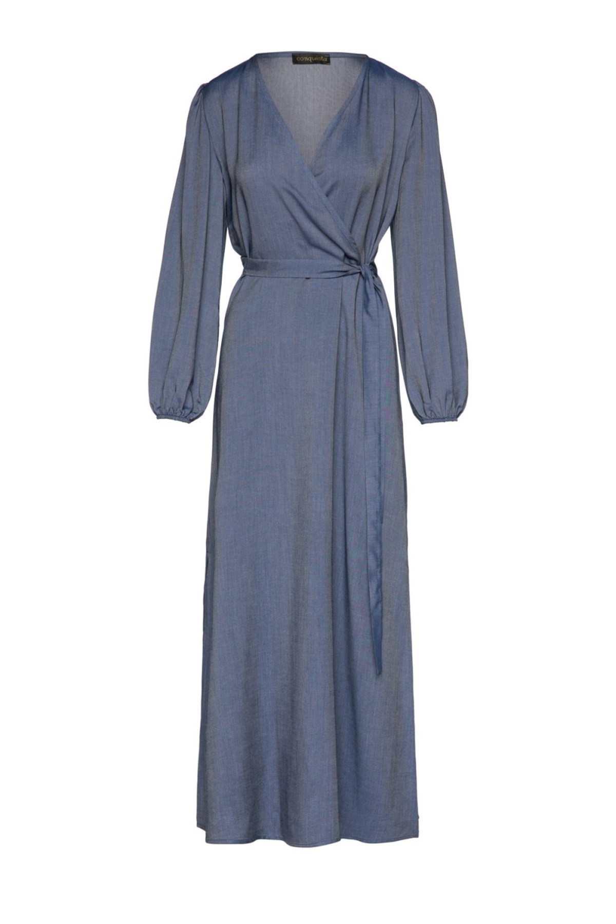 Conquista Φόρεμα Maxi Casual Μακρυμάνικο Κρουαζέ Μονόχρωμο Indigo C211-133-18