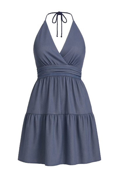 Conquista Φόρεμα Mini Casual Κρουαζέ Με Τιράντες Σφηκοφωλιά Μέση Με Βολάν Μονόχρωμο Μπλε C211-137-18