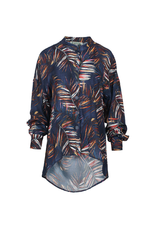 Leaf Print Blouse with Mandarin Collar