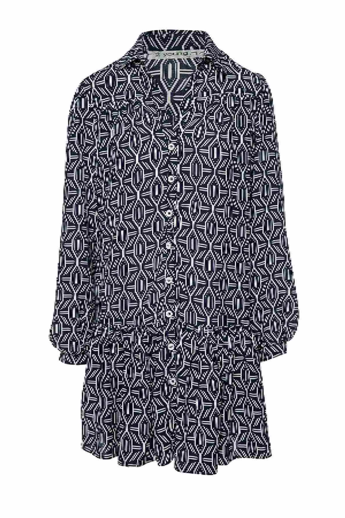 Conquista Φόρεμα Mini Casual Πουκαμισοφόρεμα Μακρυμάνικο Με Κουμπιά Γεωμετρικό Εμπριμέ Μπλε C211-181-41
