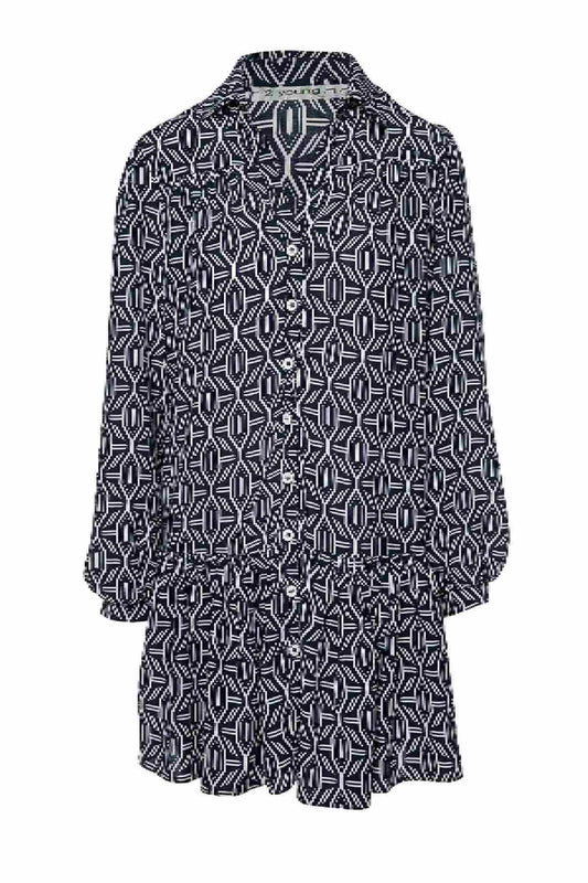 Navy and White Print Dress with Buttons