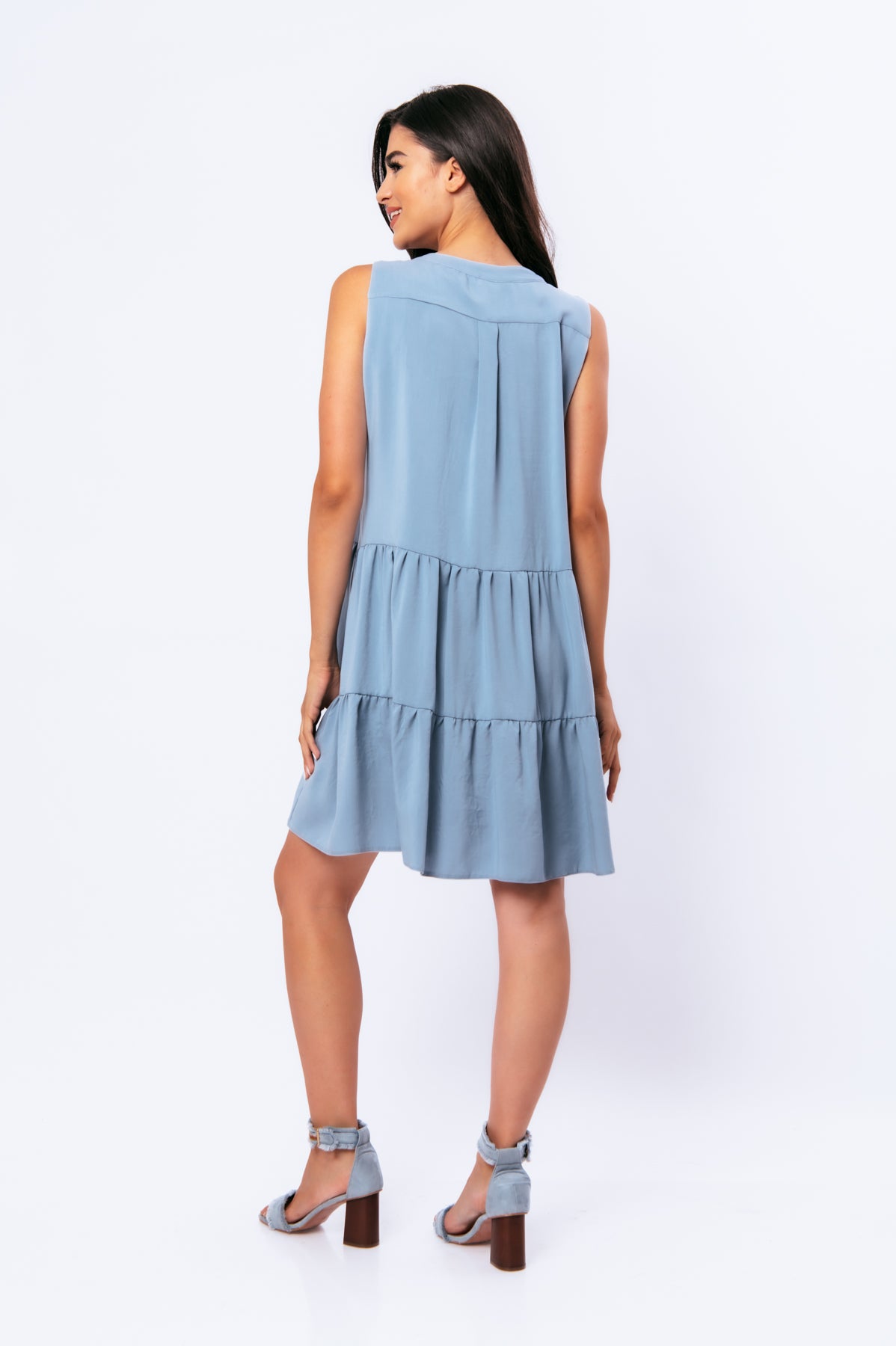 Conquista Φόρεμα Mini Casual Αμάνικο V-Λαιμόκοψη Με Βολάν Μονόχρωμο Γαλάζιο C211-202-60