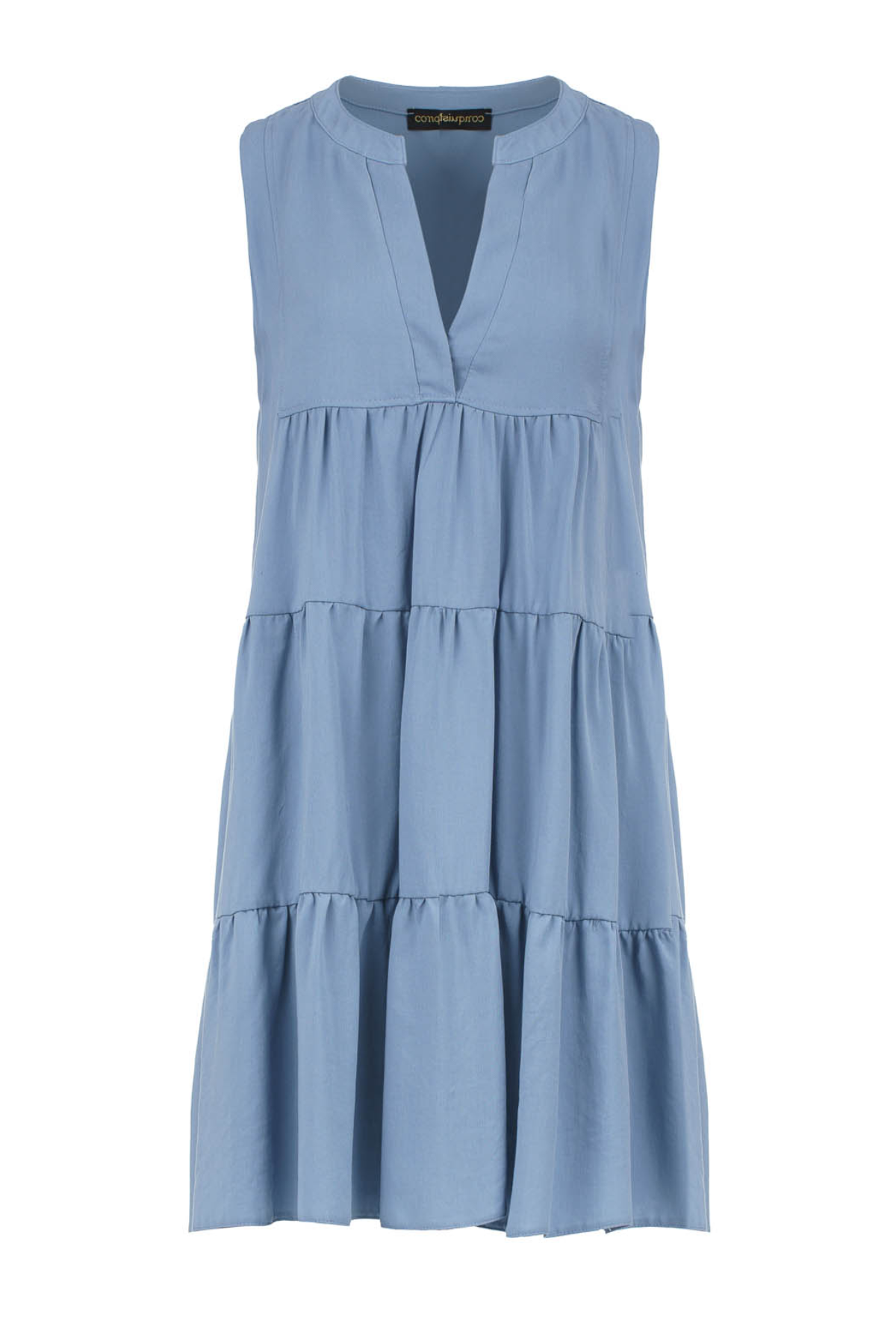 Conquista Φόρεμα Mini Casual Αμάνικο V-Λαιμόκοψη Με Βολάν Μονόχρωμο Γαλάζιο C211-202-60