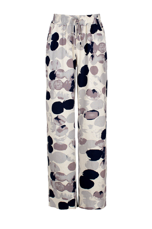 Grey Print Linen Style Wide Leg Pants