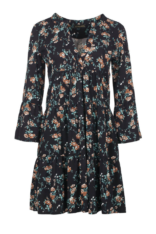 Μαύρο Φλοράλ Φόρεμα σε Γραμμή Α με Καμπάνα Μανίκια