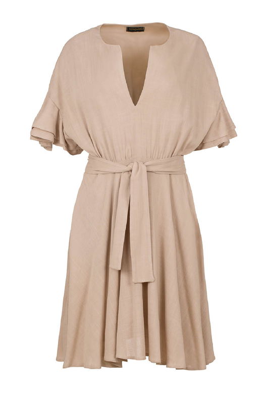 Beige Dress with Ruffle Sleeves