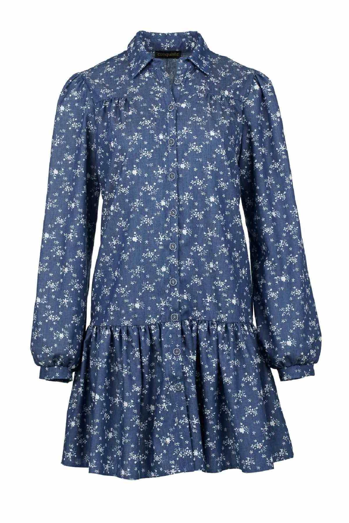 Conquista Φόρεμα Mini Casual Μακρυμάνικο με Κουμπιά και Γιακά Εμπριμέ Μπλε C211-281-18