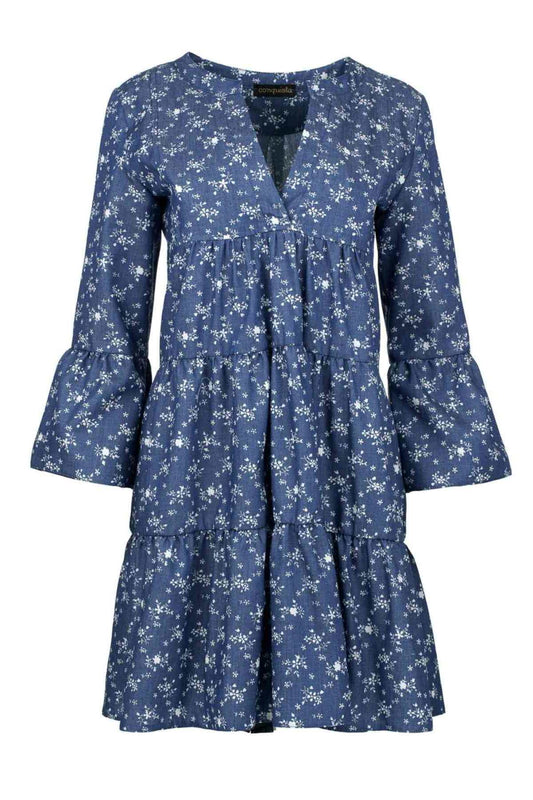Indigo Floral A Line Dress with Bell Sleeves
