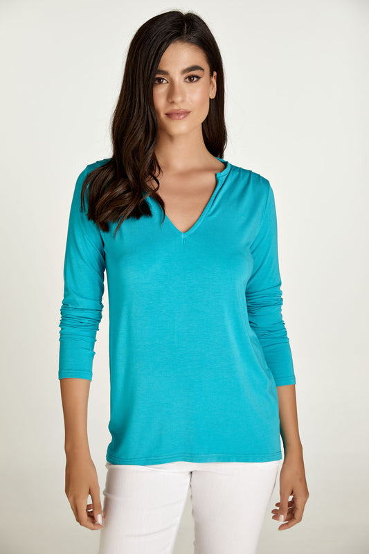 Turquoise Jersey V Neck Top