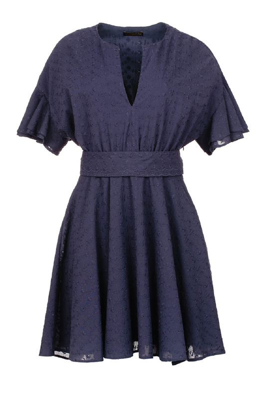 Dark Blue Embroidered Dress with Ruffle Sleeves