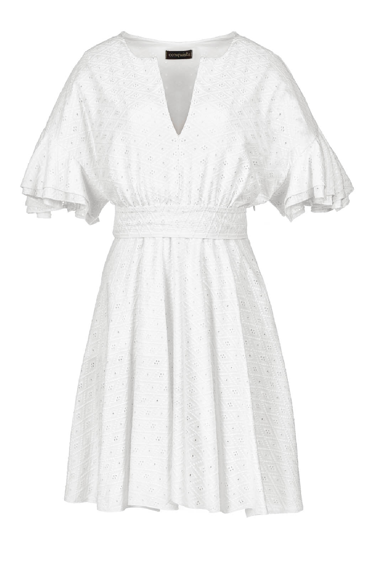 Conquista Φόρεμα Mini Casual Κοντομάνικο με Ζώνη Broderie Anglaise Λευκό C211-328-01