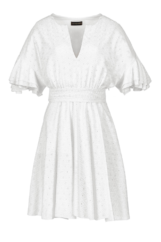 White Embroidered Dress with Ruffle Sleeves