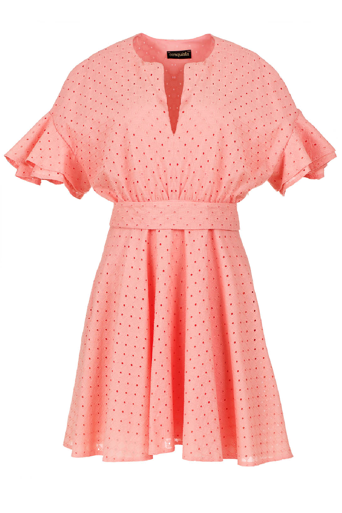 Coral Embroidered Dress with Ruffle Sleeves