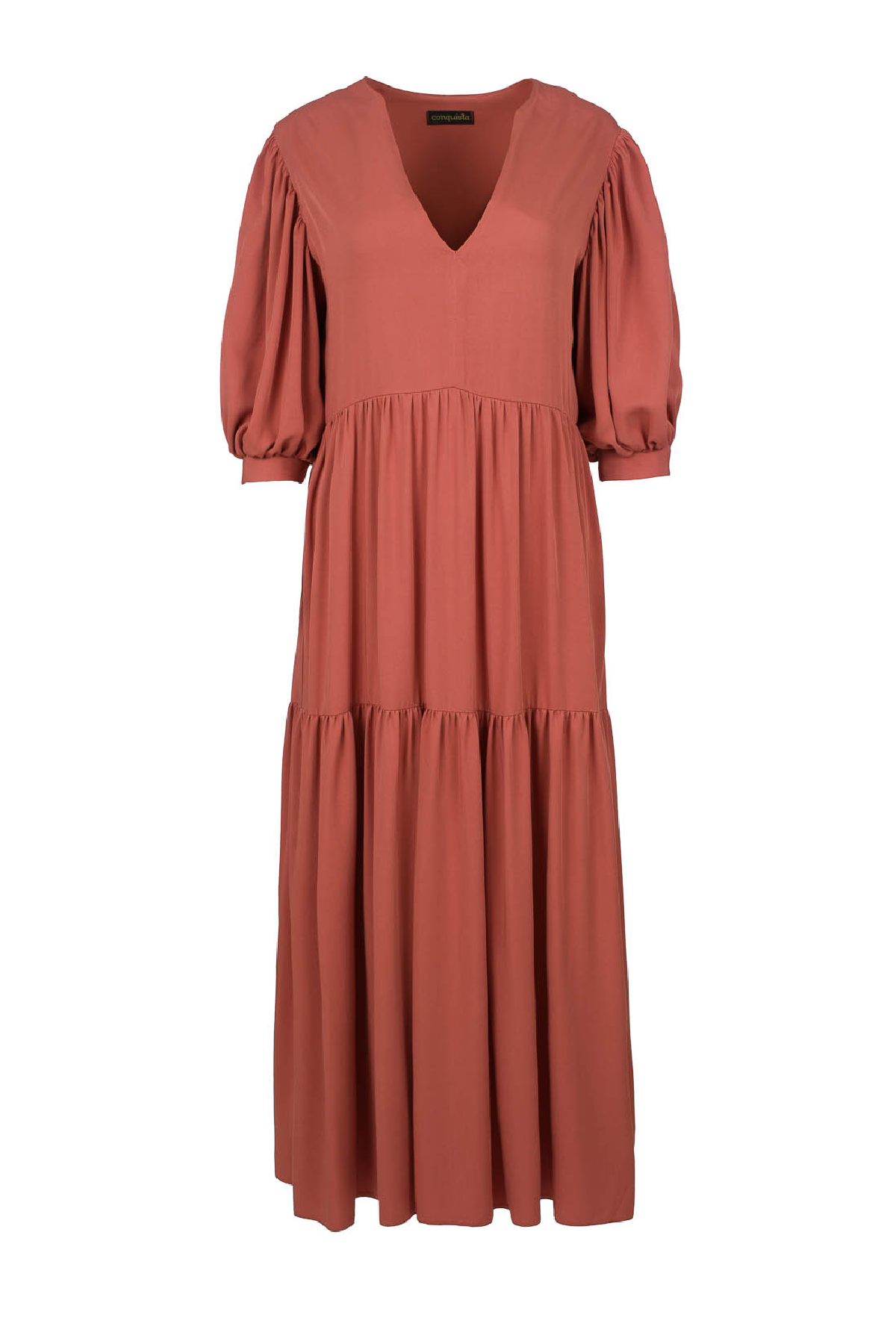 Conquista Φόρεμα Maxi Casual V-Λαιμόκοψη Με Βολάν Μονόχρωμο Σομόν C211-450-75