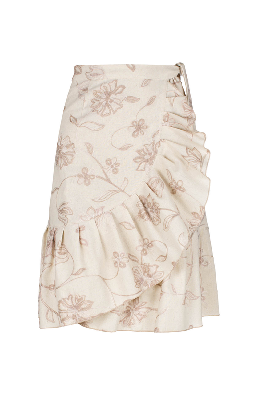 Ecru Embroidered Floral Wrap Ruffle Skirt