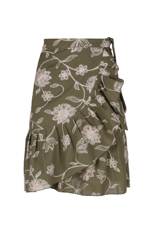 Olive Embroidered Floral Wrap Ruffle Skirt