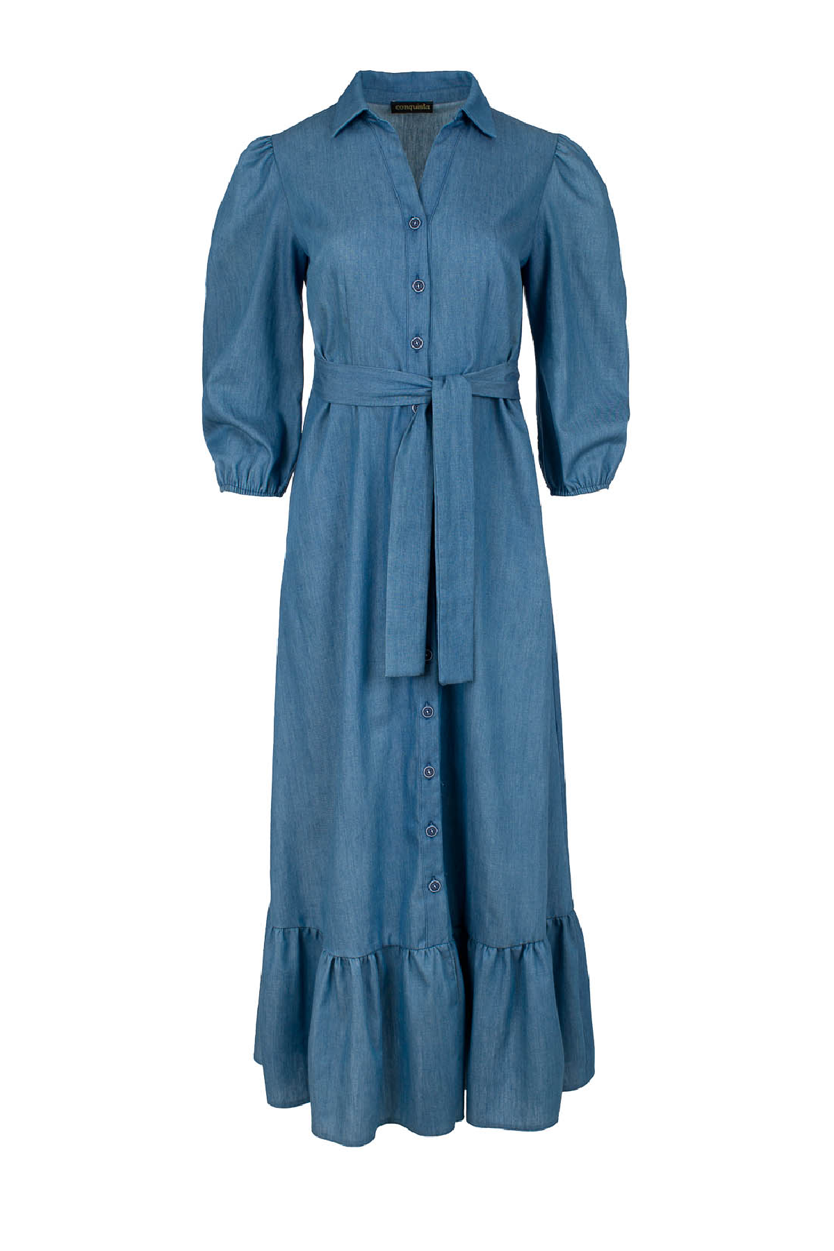 Conquista Φόρεμα Maxi Casual Με Κουμπιά Με Ζώνη 3/4 Μανίκι Μονόχρωμο Μπλε C211-550-18