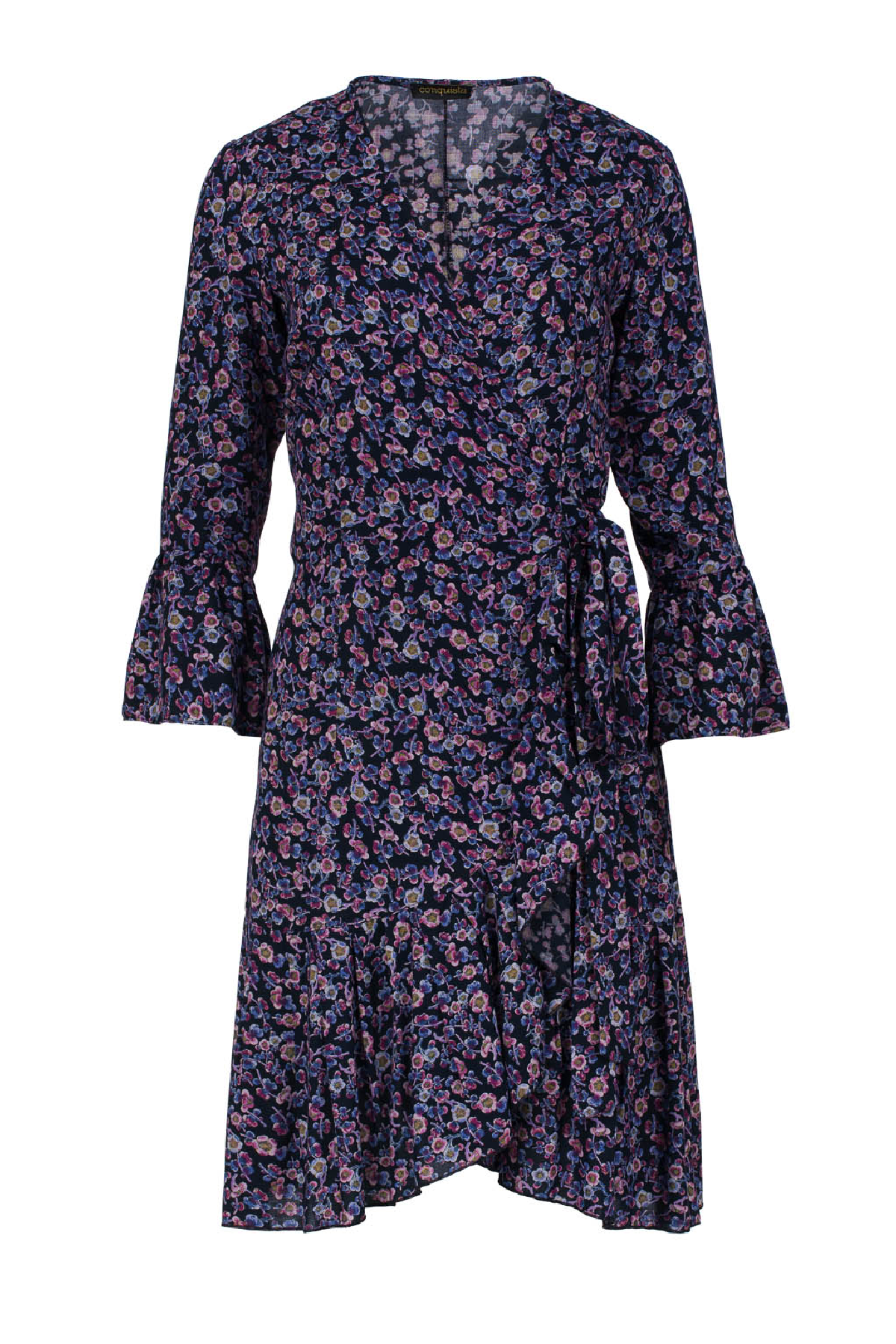 Floral Print Viscose Wrap Dress with Bell Sleeves