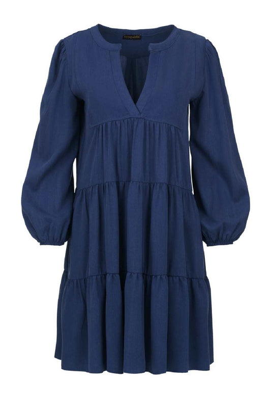 Women's Long-Sleeve Navy Tiered Dress - 100% Viscose Poplin Woven